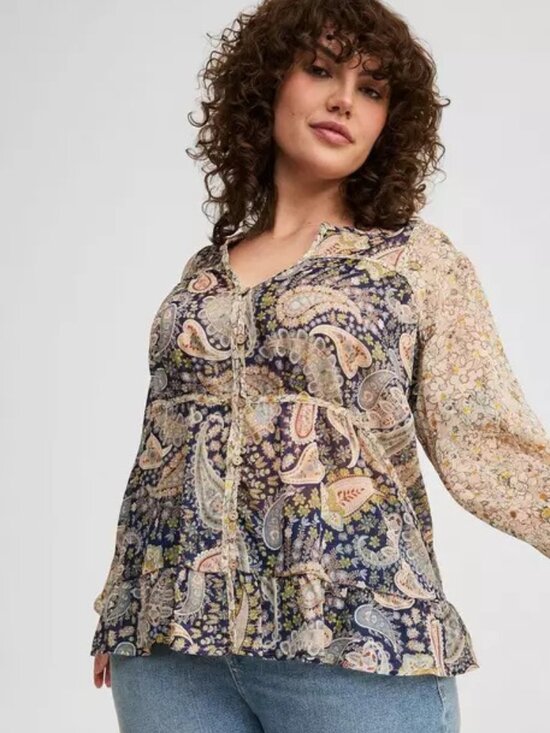torrid Tops - Torrid Mixed Print Long Sleeve Paisley Blouse Size 1 Boho Floral